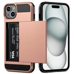 Vofolen for iPhone 15 Case with Card Holder, Dual Layer Shockproof Wallet Phone Case, Hidden Card Slot Sliding Protective Hard Back Slim Case Cover for iPhone 15, 6.1'' Rose Gold