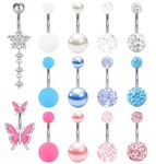 EVELICAL 14Pcs 14G Belly Button Ring Hoop Pink Blue CZ Clicker Belly Rings Surgical Stainless Steel Navel Rings Butterfly Flower Belly Button Piercing Jewelry for Women Girls Style A