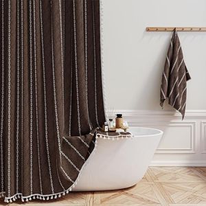 BTTN Extra Long Shower Curtain, 72x96 Inch Boho Rustic Striped Fabric Shower Curtain Set with Tassel, Water Repellent, Tall Bohemian Shabby Chic Farmhouse Shower Curtain for Bathroom with Hooks, Brown