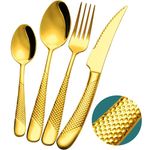 Xideman 24-Piece Flatware Set, Gold 18/10 Stainless Steel, Hammered Cutlery Set for 6 People, Includes Ultra Sharp 2-in-1 Serrated Knives