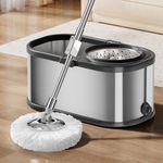 SWIFTIRON Spin Mop and Bucket Set for Cleaning with 4 Extra Refills Microfiber Heads, Silver Stainless Steel Mop and Mop Bucket, Microfiber Floor Cleaner Adjustable Mop Handle