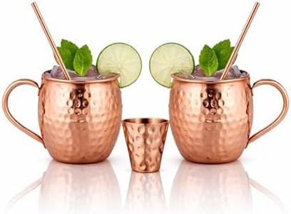 BOLD & DIVINE Moscow Mule Copper Mugs - Set of 2, 100% HANDCRAFTED - Food Safe Pure Copper Solid Mugs - 16 oz Gift Set with Premium Quality Cocktail Straws & Shot Glass!