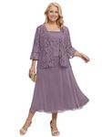 Sukleet Women's 2 Piece Mother of The Bride Dresses for Wedding Tea Length Lace Formal Dresses with Jacket, Wisteria, 26 Plus