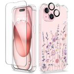 GVIEWIN 3 in 1 Designed for iPhone 15 Plus Case 6.7 Inch, with Screen Protector + Camera Protector Clear Flower [Not-Yellowing] Shockproof Women Slim Phone Cover, 2023 (Floratopia/Colorful)