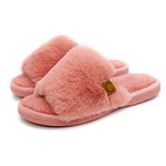 Onmygogo Rabbit hair Indoor Slippers for Women Open Toe with Memory Foam, Soft Faux Fur Nonslip House Slippers(Salmon,M)