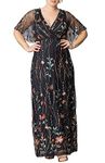 Kiyonna Women's Plus Size Floral Embroidered Elegance Evening Gown | Flattering Long Formal Mesh Dress w/Sleeves, Onyx, 1X