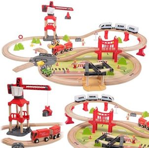 104 Pcs Wooden Train Set Toy for Toddlers, Malukaa Electric Trains with Track for Kids, Construction Railway Playset Gifts for Boys and Girls Ages 3+