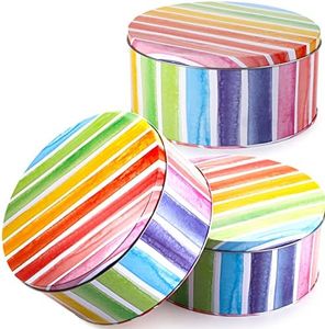 Yopay 3 Pack Cookie Tins, Round Baking Cake Gift Tins for Storing Patisseries, Puff Pastries Craft Supplies, Easter, Special Occasion and Holidays, Rainbow Pattern, 7" W X 3.2" H, Metal