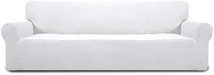 Easy-Going Stretch 4 Seater Sofa Slipcover 1-Piece Sofa Cover Furniture Protector Couch Soft with Elastic Bottom for Kids, Polyester Spandex Jacquard Fabric Small Checks Snow White