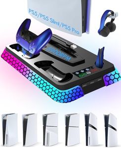 UGAME Pro Slim Cooling Station with RGB Lights,Stand Vertical Base Accessories with Silent 3-Level Cooling Fans, Dual Controller Charger and USB Hubs (Black)