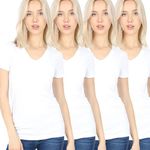 Zenana 4 Pack Women's Basic Solid V-Neck T-Shirts, White, X-Large