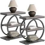 LITTLE TREE End Table Set 2, Side Table with 3 Tiers Shelves, Slim Sofa Side Table for Living Room, Tall Bedside Table Nightstand for Bedroom, Grey and Black