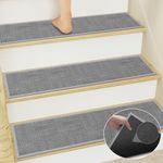 Jute Stair Treads Non Slip for Wooden Steps Set of 15, Easy Install Anti Slip Stair Padding Indoor, Gray Stair Covers for Wood Stairs, Skid Resistant No Adhesive Step Traction, Grey 8X30 Inches