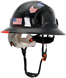 Full Brim Hard Hats with Visor Construction OSHA Approved - Vented Hard Hats for Men,Black Hard Hat with Chin Strap,Safety Helmet Black Hard Hat with Tinted Visor,6 Point Suspension Work Hats