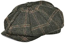 Mens Newsboy Cap High Woolen Tweed Gatsby Hat Ivy Cabbie Flat Golf Cap for Fathers Women Unisex, Plaid Green, 7 1/2-7 3/4