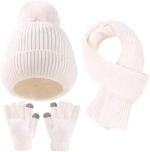 Yaopelky Kid Boy Girl Beanie Hat Scarf Touchscreen Gloves Set Warm Knit Cap with Pompom Long Scarf Neck Hand Warmer (White, Onesize)