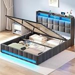 Rolanstar Full Size Bed Frame with Lift Up Storage, Charging Station & LED Lights, Upholstered Bed with Heavy Duty Wooden Slats, No Box Spring Needed, Noise Free, Easy Assembly, Dark Grey