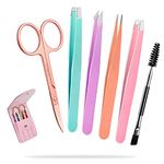 Eyebrow Tweezer Set, 6-Pcs Tweezers Set for Women, Precision Tweezer for Eyebrows with Curved Scissors for Ingrown Hair, Hair Plucking Daily Beauty Tools with Leather Travel Case