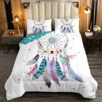 Dream Catcher Comforter Set Twin,Boho Chic Dreamcatcher Feather Bedding Set Watercolor Bohemian Flower Quilt Comforter For Kids Girls Teen Women,Native American Indian Duvet Set 2 Pcs Teal White