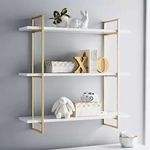 FURNIFOX Metal and Wood Wall Shelf,Floating Wood Shelves Wall Mounted Iron Real Wood Book Shelves,Wall Shelves 3 Tier Bookshelf Shelving (Golden White)