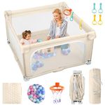 eSynic 150 * 150cm Large Foldable Baby Playpen with Soft Mat Portable Indoor/Outdoor Playpen Oxford Fabric, 50 Balls, Basketball Hoop & Handles Travel-Friendly Design for Car, Home, Travel & Backyard