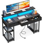 ODK Computer Desk with Fabric Drawers and Power Outlet, 48 Inch Home Office Desk with Storage Shelves, Writing Desk with Monitor Stand, Work Study Desk with LED Lights, Black