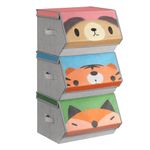 SONGMICS Kids Storage Organisers, Set of 3, Stackable Toy Organiser Boxes, Folding Organisers with Handles, Magnetic Lid, for Kid's Room, Playroom, Pink, Blue, Green and Grey RFB760P03