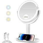 MIYADIVA Makeup Mirror with Lights,20X Magnifying Mirror with Light and Touch Switch,Vanity Mirror with 3 Color Light and 80 LEDs,2-Sided Lighted Magnified Mirror 8.8 Inches