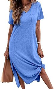 Dyexces Women Summer T Shirt Dress Casual Short Sleeve V Neck Maxi Dresses Loose Side Slit Long Tshirt Dress with Pockets, Blue, Medium