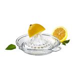 DESTALYA Lemon Squeezer Citrus Juicer Manual | Handheld Reamer with Handle and Pour Spout | for Fresh Fruit Juice Lime Orange | Heavyweight Clear Glass Small Portable