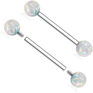 AROWRO Nipple Rings 14g Nipple Barbells Internally Threaded Tongue Barbell Nipple Piercing Jewelry White Opal G23 Titanium Nipple Piercings 18mm Silver Nipple Jewelry Nipple Ring