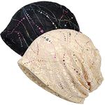 Womens Cotton Beanie Lace Turban Soft Sleep Cap Chemo Hats Fashion Slouchy Hat, 2pack Black+beige Lace, One Size