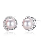 Pearl Stud Earrings for Women, 925 Sterling Silver Stud Earrings with Cubic Zirconia, Pink Pearl Earrings Handmade Pearl Jewellery for Gift