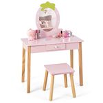 COSTWAY Kids Vanity Table and Stool, Girls Dressing Tables with Mirror, Drawer, Cute Make Up Pretend Dresser Desk Stool Set for Toddlers