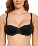 Deyllo Women's Balconette Push Up Bra Sexy Lace Lightly Padded Bra Underwire Demi Bras(Black,36C)