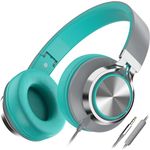 Ailihen C8 Headphones Wired with Microphone Foldable and Adjustable On-Ear Headsets Volume Control HD Stereo Sound 3.5mm Jack for Chromebook, Laptop, Smartphone, Study, Office, Travel (Grey/Mint)