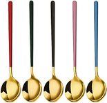 Dessert Spoons 5 Pieces Black and Gold Plating, Stainless Steel 8" Smooth Edge Modern Design Spoon Silverware Set Dinner Spoon Table Spoon, Soup Spoons Dishwasher Safe (Pack Of-5, Gold ,Color May Vary)