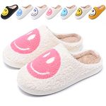 Cute Smile Face Slippers for Women and Men,Soft Plush Comfy Warm Couple Slip-On House Happy Face Slippers For Winter Indoor Outdoor Smile Slippers Non-slip Fuzzy Flat Slides, White Pink, 8-8.5 Women/7-7.5 Men