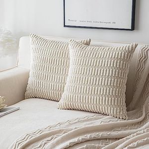 SHITURRE Decorative Throw Pillow Covers for Couch Bed Sofa Livingroom, Cream White Square Cushion Covers Corduroy Striped Pillowcases for Boho Home Decor(18"x18", 2 Packs)