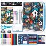 Markers Set with Glitter Soccer Pencil Case & Stationery, Back to School Art Supplies Coloring Kits for Kids Ages 4-6-8-12, Soccer Birthday Gifts for Boys Aged 4 5 6 7 8 9 10 11 12