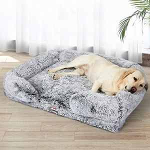 PaWz Orthopedic Soft Warm Cushion Sofa Pet Bed Mat, Large Dog Calming Beds with Washable Cover, Memory Foam Dog Sofa Bed with Bolster, Dog Couches with Waterproof Inner Lining, Anti-Slip Bottom