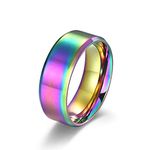 Beydodo Promise Rings for LGBT Couples, Stainless Steel Rings Engravable Personalized Size N 1/2 Rainbow Brushed Ring 8mm Beveled Edge