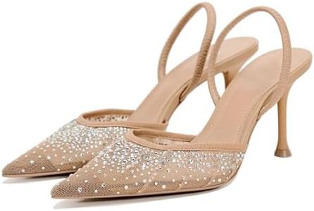 ATBELL Women's Pointy Toe Slingback Heels Pearl Kitten Heels Sparkly Rhinestone Heeled Sandals Slip On Wedding Party Shoes, Beige Mesh, 7