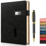 A5 Lined Leather Journal with Pen, 240 Pages Refillable Hardcover Notebook with Pocket and Magnetic Buckle, 80gsm Thick Daily Diary for Men and Women, Great Gift for Business School Travel Personal - Black