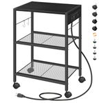 HOOBRO Industrial Printer Stand, 3-Tier Mobile Printer Table, Rolling Cart with Power Outlets and USB Ports, Home Printer Stand with 2 Hooks, for Office, Living Room, Black BB22UPS01