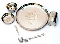 Kneaders - Laser Print Stainless Steel Round Lunch & Dinner Set for Kids - 1 Plate, 1 Curry Bowl, 1 Dessert Plate, 1 Glass, 1 Spoon & 1 Fork (6 Piece Set) (Doremon)