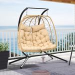 YITAHOME Patio Love Seats Chair with Stand Double Egg Chair, 2 Person Couple Wicker Rattan Chair Outdoor Egg Chair with Cushions 500lbs for Patio, Garden, Poolside and Balcony, Beige