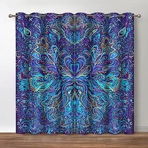 Jekeno Hippie Bohemian Mandala Blackout Curtains Home Living Room Bedroom Decor, Indian Gypsy Abstract Texture Print Window Drapes 2 Panel Set, Blue 52"x63"