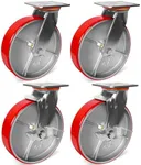 6000 lb Capacity Industrial Caster Wheels with Polyurethane & Cast Iron, Swivel Plate Casters for Platform Trucks, U-Boat Carts, Military Equipment (2 Brake &2 Swivel)