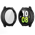 Yolin 2 Pack Hard Protective Case with Tempered Glass Screen Protector Compatible Samsung Galaxy Watch 5 / Galaxy Watch 4 44mm, PC Ultra-Thin All-around Cover For Galaxy Watch 4/5 44mm (2 Black)